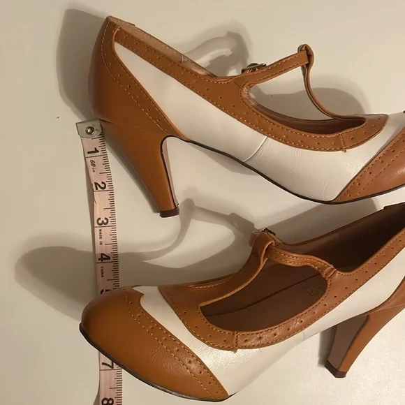 Chase + Chloe Tan and White T-Strap Heels - Picture 10 of 16